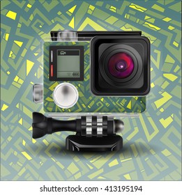 Action camera painted with green ethnic pattern