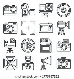 Action Camera and Photography Equipment Icons Set. Line Style Vector