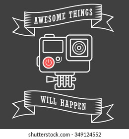 Action camera picture with the go ahead text "Make a day amazing". Fully editable vetor illustration performed in a line trendy style.