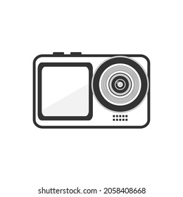 Action camera. Portable camcorder. Digital cam. Mobile adventure footage recorder device. Black and white color vector illustration.