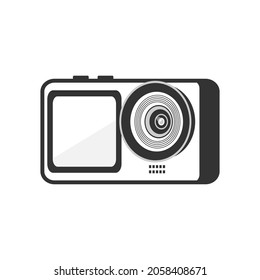 Action camera. Portable camcorder. Digital cam. Mobile adventure footage recorder device. Black and white color vector illustration.