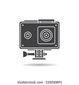 Action camera in protection case icon. Drop shadow silhouette symbol. Negative space. Vector isolated illustration