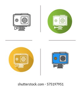 Action camera in protection case icon. Flat design, linear and color styles. Isolated vector illustrations