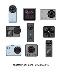 action camera set cartoon. video sport, extreme water, equipment movie, cam adventure, photo action camera vector illustration