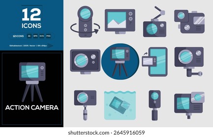 Action camera set of outline icons related to analysis, infographic, analytics. Editable stroke. Vector illustration.