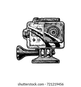 Action camera. Vector hand drawn sketch of action-cam in vintage engraved style on white background.