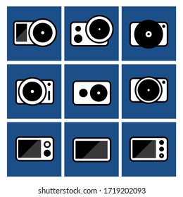 Action camera vector icons set, on blue background