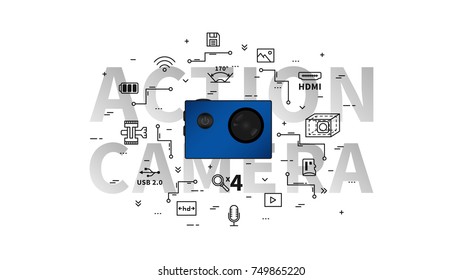 Action camera vector illustration. Portable video camera for extreme sport with items line art concept.
