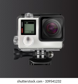 Action camera in waterproof box. Equipment for filming extreme sports. Realistic vector illustration isolated on dark background