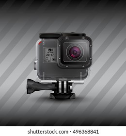 Action camera in waterproof box model 5 new. Equipment for filming extreme sports. Realistic vector illustration isolated on dark background. Recorder. Gear for filming extreme sports.