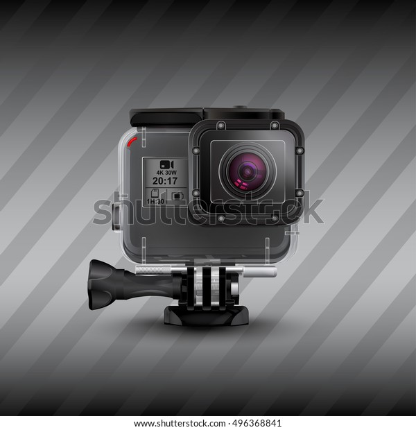 Action camera\
in waterproof box model 5 new. Equipment for filming extreme\
sports. Realistic vector illustration isolated on dark background.\
Recorder. Gear for filming extreme\
sports.
