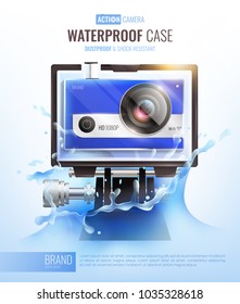 Action camera and waterproof case poster with dustproof case symbols realistic vector illustration