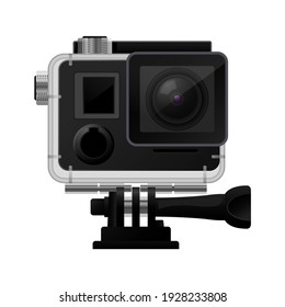 Action camera in waterproof case, sports cam icon, vlogging video camera, vector