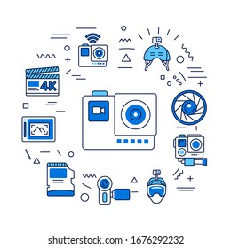 Action camera web banner. Electronic devices. Infographics with linear icons on blue background. Creative idea concept. Isolated outline color illustration.