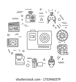 Action camera web banner. Electronic devices. Infographics with linear icons on white background. Creative idea concept. Isolated outline black illustration
