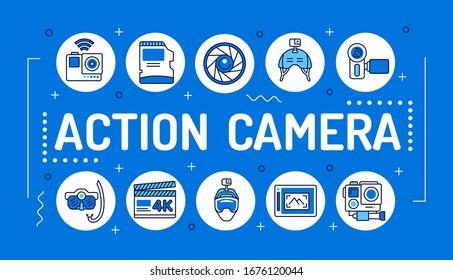 Tipografía de letras de palabras de cámara de acción. Dispositivos electrónicos. Infografía con iconos lineales sobre fondo azul. Concepto creativo. Ilustración de color de contorno aislada.