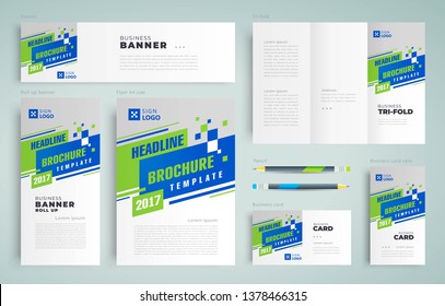 Action Cover Brochure Template Set flyer, tri-fold, banner, roll up banner, business card