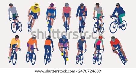 Action cyclist collection soft color pastel vector style. Action biker isolated object on white background.