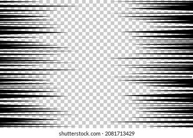 Action effect black speed lines for manga retro comic book vector illustration. Horizontal strips of power fight, or superhero movement, design element isolated on transparent background