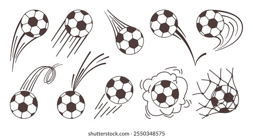 Efeito de ação de bola de futebol voadora, movimento e movimento durante o jogo. Conjunto isolado vetorial de ícones monocromáticos com trajetória e traçado para quadrinhos ou banners, anúncio de torneios esportivos