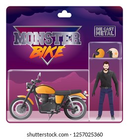 action figure and cool orange die cast motorbike toy, complete with helmets in a blister pack