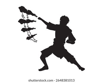 Action figure draws and controls fire from his hand. Silhouette vector illustration