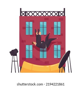 Action Film Shooting Scene With Stunt Double Falling Off Building With Handguns Cartoon Vector Illustration