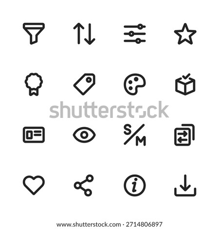 Action and filter line icon set featuring filter, sort, settings, favorite, rating, tag, palette, product box, visibility, comparison, swap, like, share, information, and download icons.
Ideal for web design, mobile applications, dashboards, e commerce platforms, and user interface projects.
Clean outline style vector icons that are fully editable and scalable.