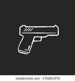 Action flick Kreide weiß Symbol auf schwarzem Hintergrund. Beliebtes Kinogenre, gewöhnliche Kinokategorie. Gewalttätiger Militärfilm, Spionage. Handgun, waffenisolierte Vektorillustration, Kalkartengrafik