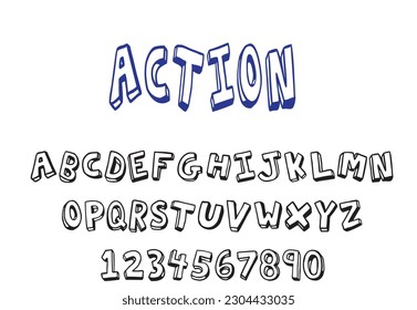Action font design, set of alphabet letters and numbers vector illustration