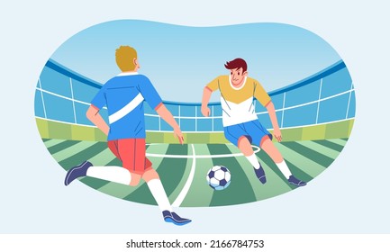 Action football players fighting for the ball on the stadium field, flat vector illustration concept. soccer players try to snatch from other players in the match