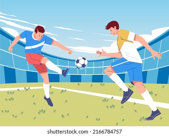 Futbolistas de acción peleando por la pelota en el campo del estadio, ilustración de vector plano, futbolistas tratan de arrebatar a otros jugadores del partido