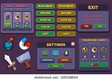 Action Game Ui Kit incluye menús, elementos emergentes, pantallas y juegos 