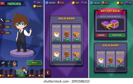 Action Game Ui Kit enthält Menüs, Pop-Up, Bildschirme und Game-Elemente 