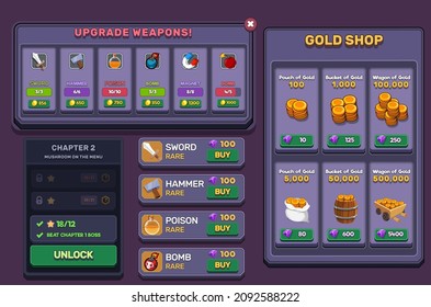 Action Game Ui Kit incluye menús, elementos emergentes, pantallas y juegos 
