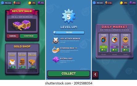 Action Game Ui Kit enthält Menüs, Pop-Up, Bildschirme und Game-Elemente 