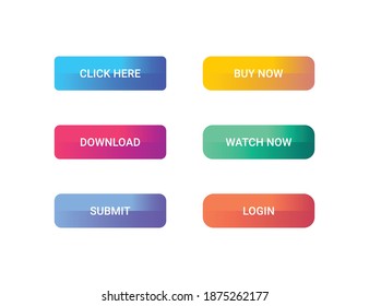 Action gradient button collection on white background. Navigation buttons for web and mobile. Vector button elements. Read More, Submit, Click Here, Buy Now, Login, Watch now, Download buttons.