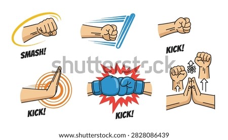Action hand martial arts combat punch and block gestures with comic text labels