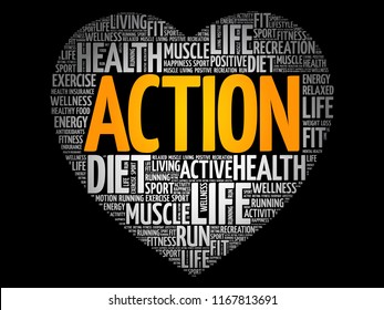 ACTION heart word cloud, fitness, sport, health concept