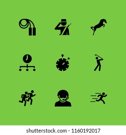 action icon. 9 action set with golf, soldier, time and sports and competition vector icons for web and mobile app