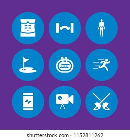 action icon. 9 action set with video camera, swim, sports and competition and golf vector icons for web and mobile app