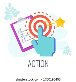 Action Icon. Call To Action, CTA. Report With Chart, Rocket Flies Out Of The Box. Outbound Marketing. Traditional Advertising And Promotion. Flat Vector Illustration.