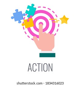 Action Icon. Call To Action, CTA. Report With Chart, Rocket Flies Out Of The Box. Outbound Marketing. Traditional Advertising And Promotion. Flat Vector Illustration.