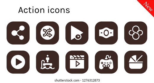  action icon set. 10 filled action icons. Simple modern icons about  - Share, Shuffle, Play, Champion belt, Sync, Flyboard, Clapper, Cradle
