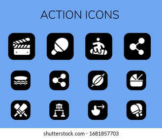 action icon set. 12 filled action icons.  Simple modern icons such as: Clapperboard, Surf, Cricket, Table tennis, Share, Sharing, Snowboard, Punching bag, Swipe right, Cradle