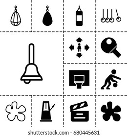 Action icon. set of 13 filled and outline action icons such as man move, movie clapper, basketball basket, basketball player, table tennis, pendulum, bell, paintball, cradle