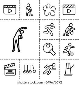 Action icon. set of 13 outline actionicons such as exercising, movie clapper, running, pendulum, golf player, football player, basketball player, table tennis, cradle