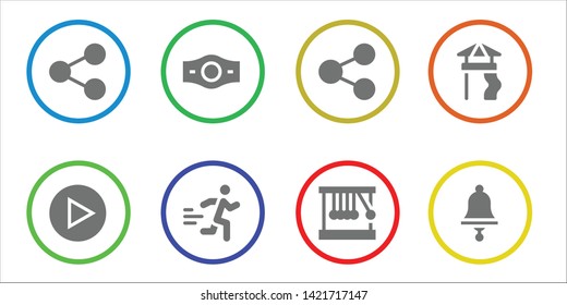 action icon set. 8 filled action icons.  Simple modern icons about  - Share, Play, Champion belt, Runner, Newton cradle, Slide, Bell