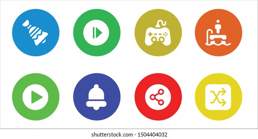 action icon set. 8 filled action icons.  Simple modern icons about  - Bell, Play, Share, Flyboard, Shuffle