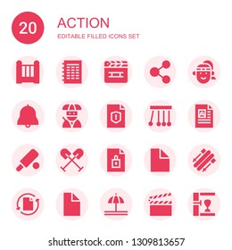 action icon set. Collection of 20 filled action icons included Cradle, File, Clapperboard, Share, Athlete, Bell, Ninja, Newtons cradle, Cricket, Oar, Skii, Punching bag